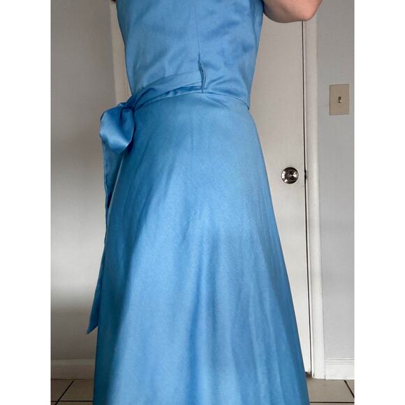 Vintage 1970s Wrap Dress Ellen Tracy Bonwit Teller Blue Cotton Fit & Flare - Picture 10 of 13